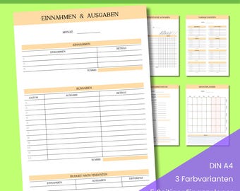 Planificador financiero para el presupuesto familiar en PDF (alemán) – Planificador de presupuesto A4/A5 – Registro de ingresos y gastos – Planificador de ahorros digital