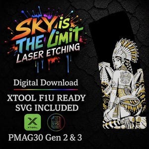 May include: Digital download graphic with the text "SKY is THE LIMIT LASER ETCHING." The image includes a detailed illustration of a woman in traditional attire, and the text "XTOOL F1U READY SVG INCLUDED."