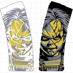 May include: Two rectangular designs featuring a stylized illustration of a character with yellow skin, gray hair, and a stern expression. One design is on a white background, the other on black. Both have a gray and yellow color scheme.