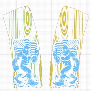 May include: Two light blue Bigfoot illustrations with sunglasses and an American flag, set against a wood grain background. The Bigfoot is giving a peace sign. The design is on a rectangular shape.