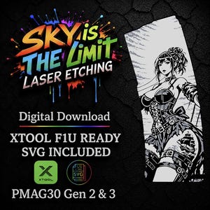 May include: Digital download graphic with the text "SKY is THE LIMIT LASER ETCHING." Includes an illustration of a woman in a corset and a pirate ship tattoo. Also includes "XTOOL F1U READY SVG INCLUDED" text.