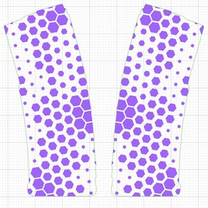 May include: Two abstract, elongated shapes with a white background and a repeating pattern of purple hexagons. The hexagons vary in size, creating a gradient effect. The shapes are outlined in green.