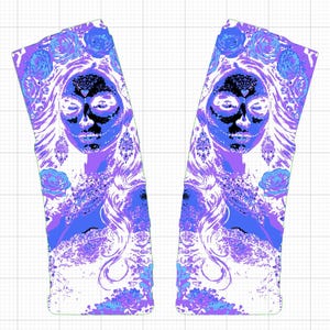 May include: Two matching leggings featuring a stylized face design in shades of purple, blue, and black. The face has a floral crown and ornate earrings. The design is set against a white background.