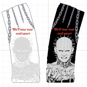 May include: Two rectangular designs featuring a horror movie character with pins in their head, chains, and the text "We'll tear your soul apart." One design is on a white background, the other on black.