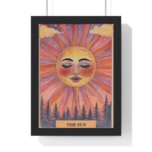 Pôster Boho com Rosto de Sol Radiante, Arte de Parede com Natureza, Decoração Astrológica, Carta de Tarô do Sol, Impressão de Pôr do Sol Sonhador, Signo Celestial Fantástico, Visual de Floresta
