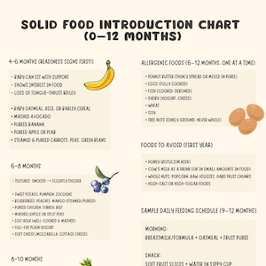 Peut inclure: Un tableau illustré sur l'introduction des aliments solides pour les bébés de 0 à 12 mois. Il présente des listes d'aliments, des signes de préparation et un exemple de régime quotidien. Des images incluent une banane, des myrtilles, une carotte, du fromage et du brocoli.