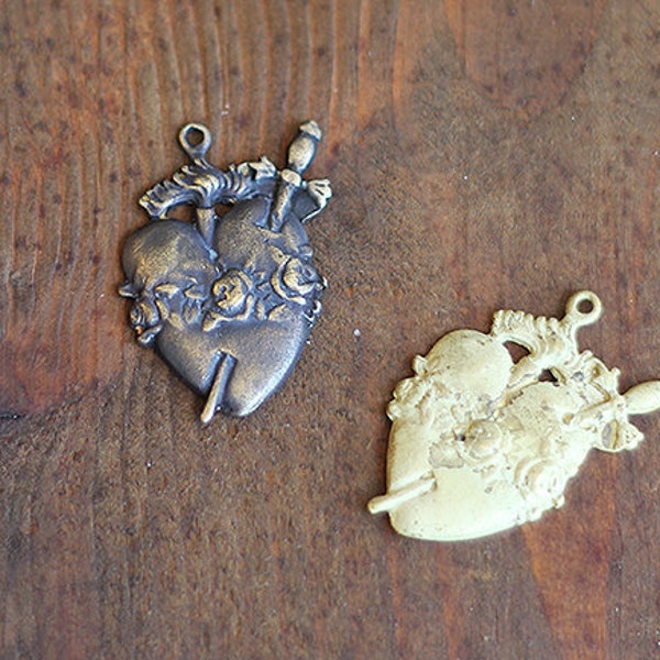 Ex Voto Heart with Roses ~ Aged Brass Finish