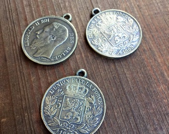 Belgian Franc Coin Pendant ~ Aged Brass Finish