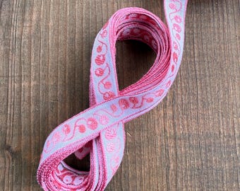 Vintage Japanese Floral Jacquard Ribbon in Pink and White by the yard