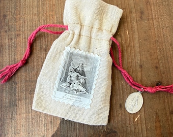 Linen Rosary Pochette with Antique French Scapular and Medal by the piece