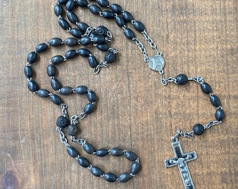 Vintage French Rosary, 1930s Black Wood, Enameled Cross