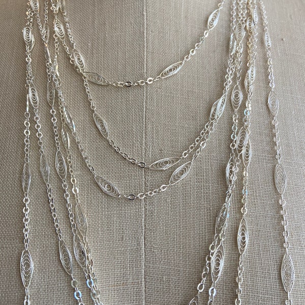 Vintag Cannetile Filigree and Cable Chain - Sterling Silver Finish, by the foot