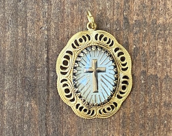Vintage Mercury Glass Radiant Cross Pendant in Brass Filigree Setting