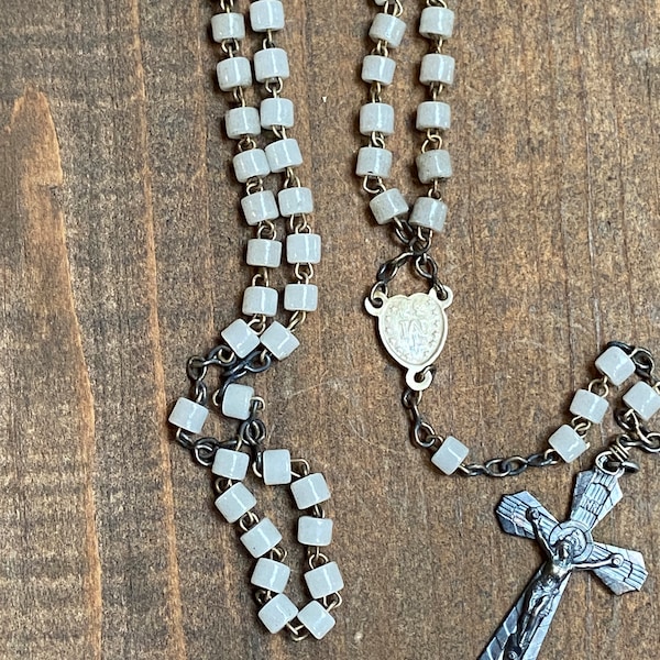 Antique French Rosary Porcelain Auspice Maria Lourdes