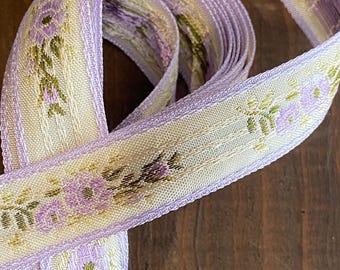 Narrow Lavender French Jacquard Ribbon with Floral Motifs by the yard