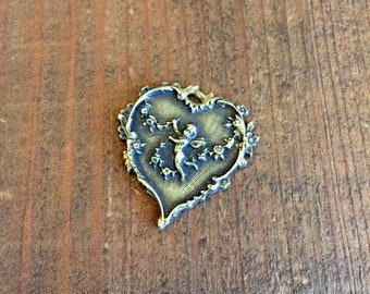 Antique French Cherub Heart Pendant in Aged Brass