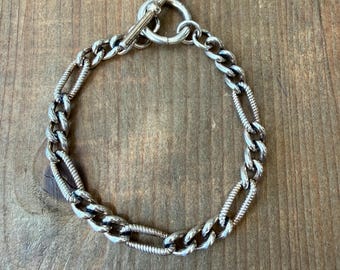 Chunky Vintage Engraved Figaro Chain Bracelet in Aged Sterling Finish