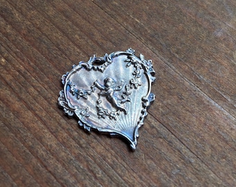 French Cherub Heart Pendant ~ Aged Sterling Finish