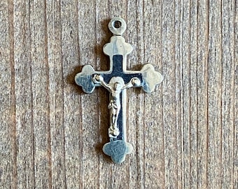 Antique French Trefoil Crucifix in Nickel Silver and Ebony, Souvenir of Lourdes