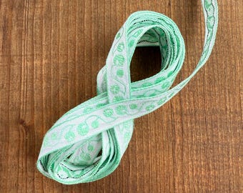 Vintage Japanese Floral Jacquard Ribbon in Mint and White by the yard
