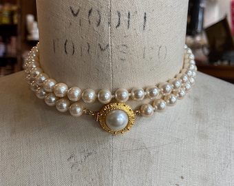 Vintage Japanese Glass Pearl Necklace with Gold and Pearl Clasp