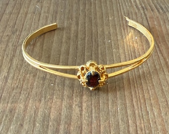 Vintage Gold Plated Bangle Bracelet with Genuine Garnet Focal