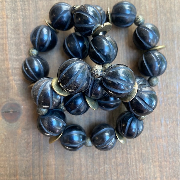 Vintage Carved Horn Beads with Bronze Spacers