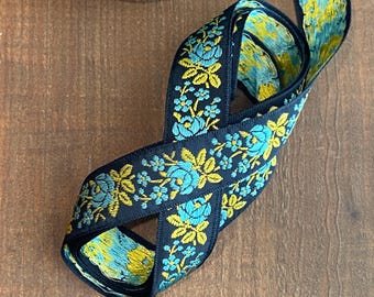 Vintage French Jacquard Ribbon in Black Blue and Olive Green by the yard
