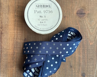 Vintage Swiss Rayon Jacquard Ribbon Navy and White Polka Dot by the yard