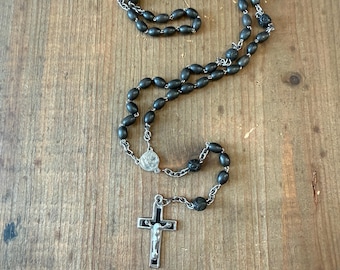 Vintage French Rosary, Black Wood and Silver, Marked "France" by the piece