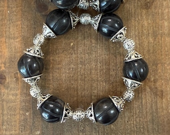 Vintage Carved Horn Beads with Silver Spacers and Caps
