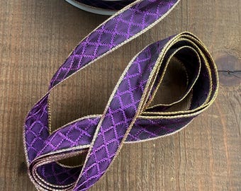 Vintage French Wired Jacquard Ribbon Wine With Gold Metallic Edging by the yard