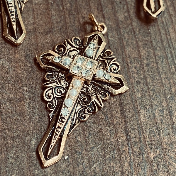 Vintage Damascene Style Cross with Pearls and Rhinestones