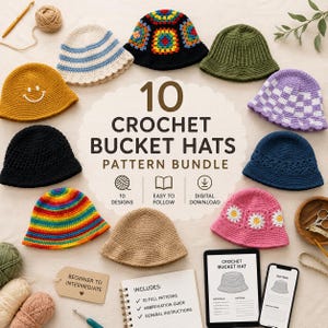 10 Crochet Bucket Hat Patterns Bundle PDF | Easy Bucket Hat Crochet Patterns | Digital Download | Beginner to Intermediate | Summer Hat