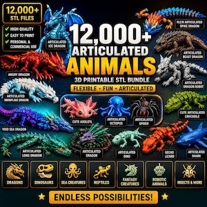 12,000+ Articulated Animal STL Bundle | Dragons, Zoo Animals, Dinosaurs, Sea Creatures, Reptiles & More | 3D Printable Files