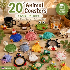 Può includere: Una collezione di venti sottobicchieri all'uncinetto a forma di animale, tra cui rane, tartarughe e uccelli. L'immagine include il testo 20 Animal Coasters, Crochet Patterns e un badge verde con la scritta PDF Pattern + Tutorial.
