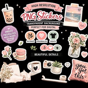 May include: A collection of PNG stickers with various designs, including a boba drink, a polaroid photo, flowers, macarons, a coffee mug, a camera, and a pillow with the text "you got this". The stickers are labeled "High Resolution" and "Transparent Background".