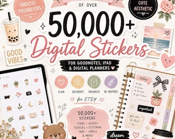 Meer dan 50.000 schattige, esthetische digitale stickers voor GoodNotes en iPad-planners | Mega PNG-stickerboekbundel + SVG-bestanden