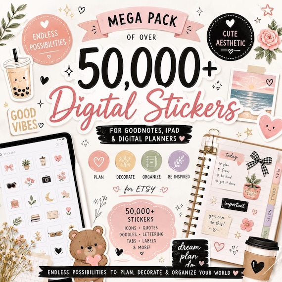 50,000+ Cute Aesthetic Digital Stickers for GoodNotes & iPad Planners | Mega PNG Sticker Book Bundle + SVG Files