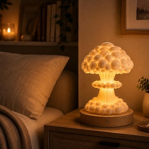 May include: A unique mushroom-shaped table lamp with a warm, soft glow. The lamp features a textured, spherical top and a detailed base, resting on a wooden stand. The lamp is a decorative lighting piece.
