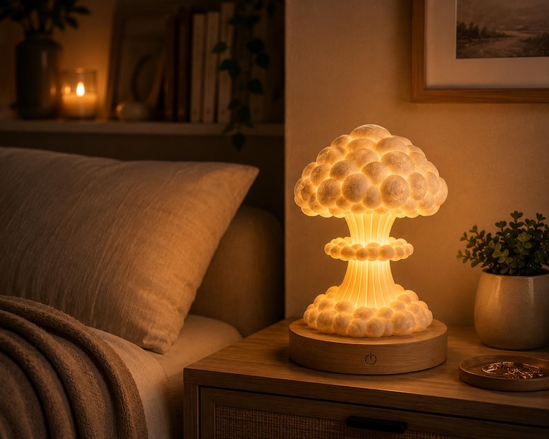 May include: A unique mushroom-shaped table lamp with a warm, soft glow. The lamp features a textured, spherical top and a detailed base, resting on a wooden stand. The lamp is a decorative lighting piece.