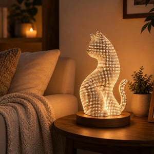May include: A decorative cat-shaped lamp with a warm, glowing light. The lamp is made of a dotted material, sitting on a wooden base. The cat is in a sitting position with its tail curled. The lamp is on a round wooden table.