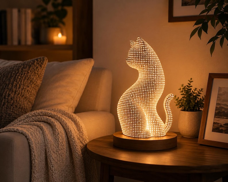 May include: A decorative cat-shaped lamp with a warm, glowing light. The lamp is made of a dotted material, sitting on a wooden base. The cat is in a sitting position with its tail curled. The lamp is on a round wooden table.