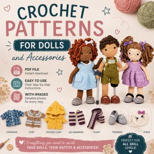 Patrones de ganchillo para muñecas y accesorios en PDF | Paquete de patrones para muñecas amigurumi | Ropa, zapatos, cabello y accesorios | Paso a paso con fotos