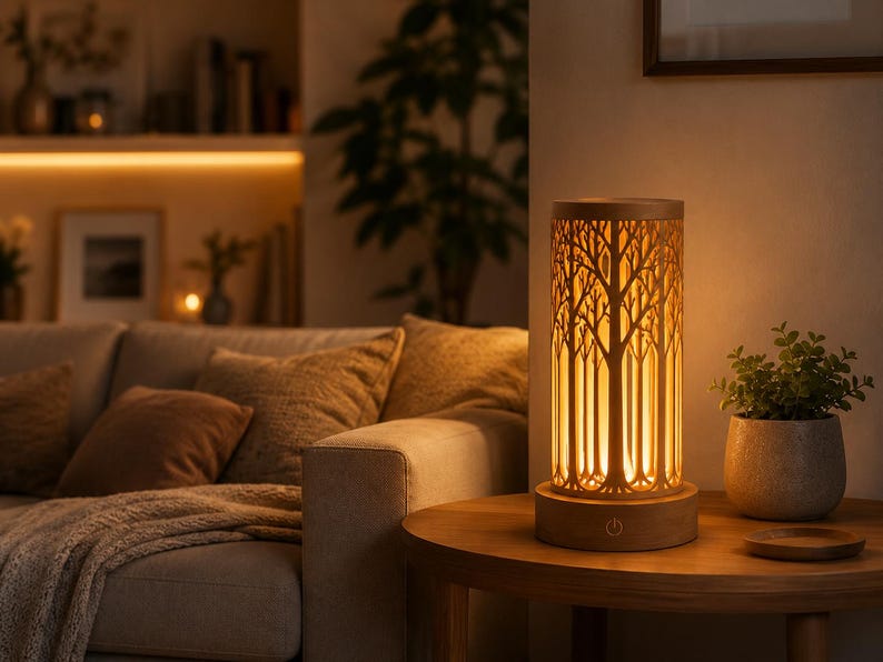 May include: A wooden table lamp with a tree design. The lamp has a cylindrical shape with a carved forest silhouette, emitting a warm, inviting glow. The lamp sits on a round wooden table next to a small potted plant.