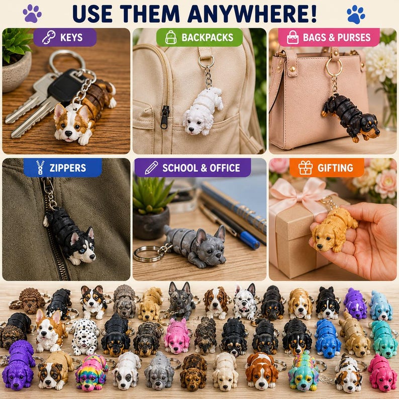 May include: Collection of dog-shaped keychains in various colors and breeds. The keychains are shown attached to keys, backpacks, bags, zippers, and as gifts. The text "USE THEM ANYWHERE!" is at the top of the image.
