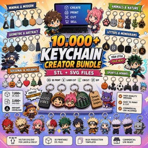 10,000+ Keychain Design Bundle | STL & SVG Files for 3D Printing, Cricut e Laser Cut | Cute Keychain Templates | Commercial Use
