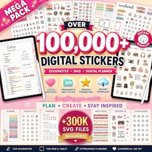 Puede incluir: Un mega paquete de pegatinas digitales con más de 100,000 stickers para Goodnotes, iPad y planificadores digitales. La imagen muestra varias hojas de pegatinas, una interfaz de planificador digital y textos que incluyen 300,000 archivos SVG.
