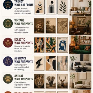 Peut inclure: Publicit&eacute; pour des collections d'art mural. L'image pr&eacute;sente six styles distincts : Trendy, Vintage, Eclectic, Abstract, Animal et Boho Abstract prints. Chaque style est illustr&eacute; par des exemples d'&oelig;uvres d'art et de texte descriptif.