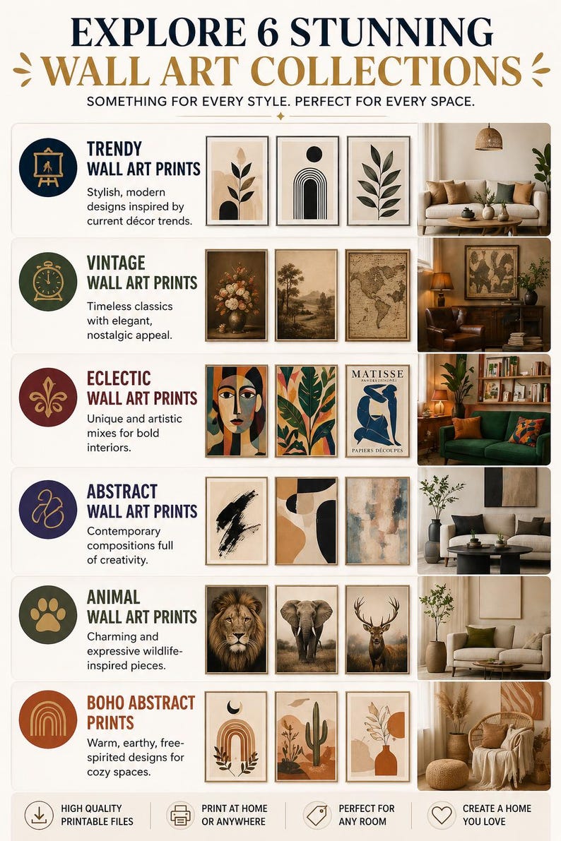 Peut inclure: Publicit&eacute; pour des collections d'art mural. L'image pr&eacute;sente six styles distincts : Trendy, Vintage, Eclectic, Abstract, Animal et Boho Abstract prints. Chaque style est illustr&eacute; par des exemples d'&oelig;uvres d'art et de texte descriptif.